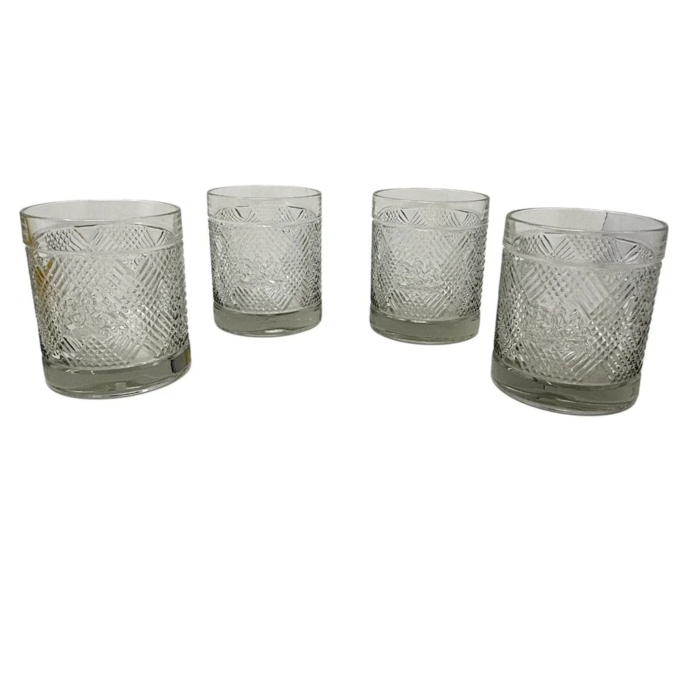 Vintage Ralph Lauren Argyle Plaid Double Old Fashioned Lion Cocktail Glasses Set